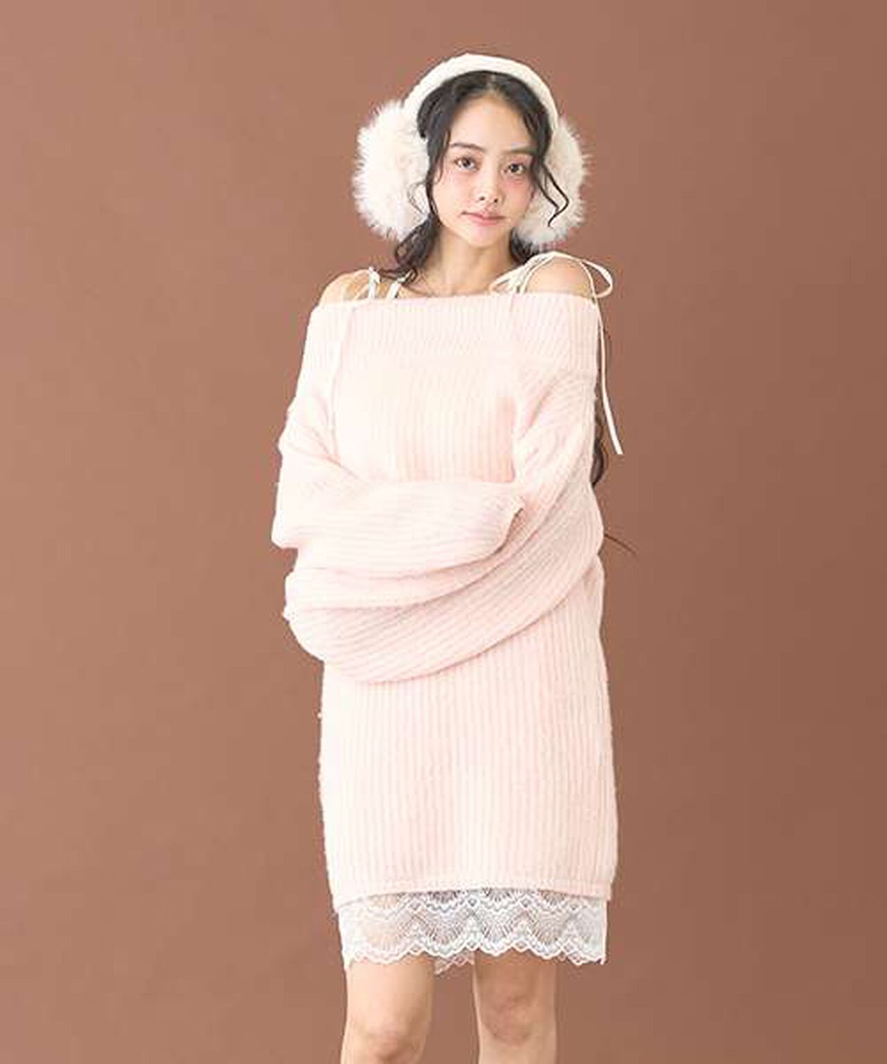 Lace Hem Knit One-Piece Dress [Korean Fashion],Pink, large image number 1