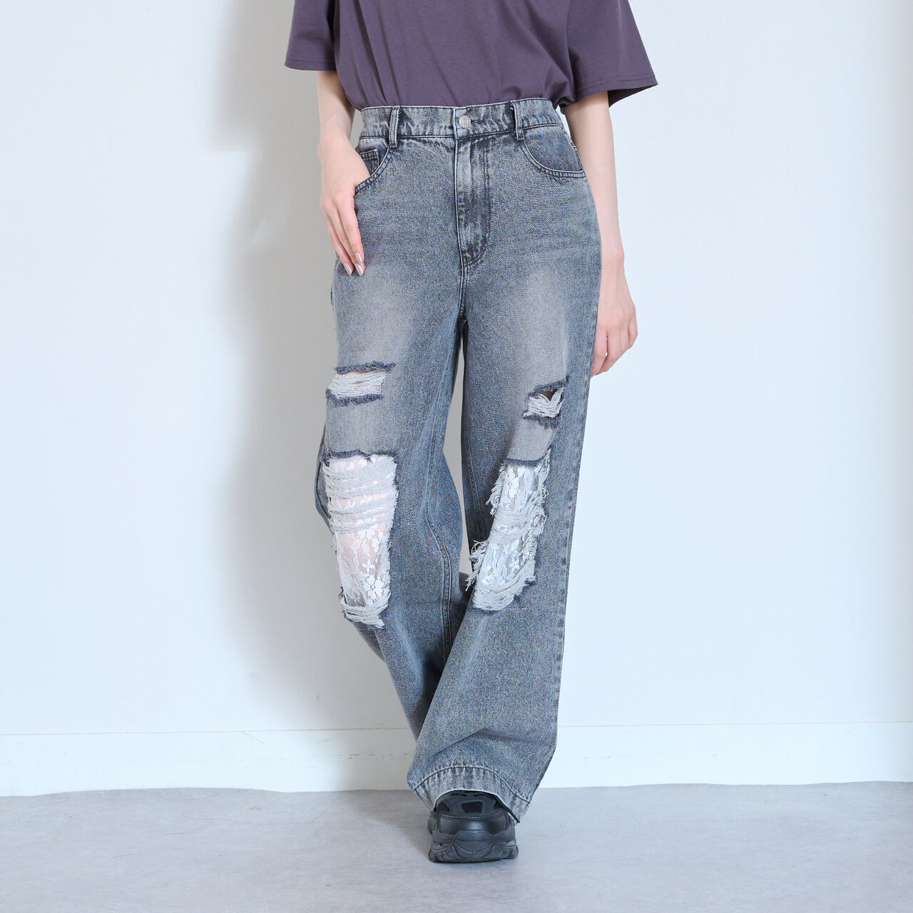 [LTXC] Lace Distressed Denim Wide Pants,Blue, large image number 6