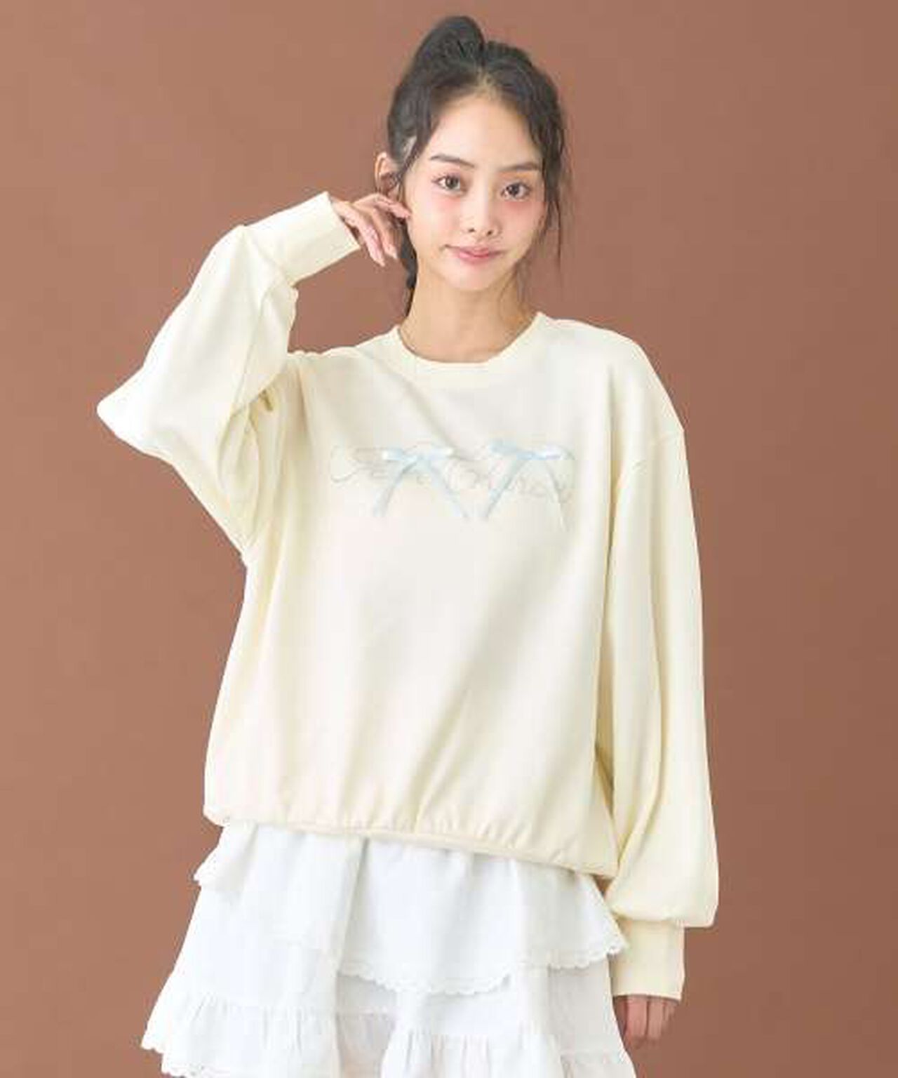 Stone Ribbon Sweatshirt [Korean Fashion],Ivory, large image number 1