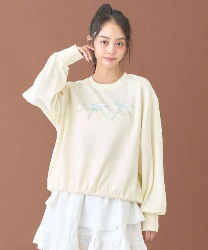 Stone Ribbon Sweatshirt [Korean Fashion],Ivory, medium image number 1