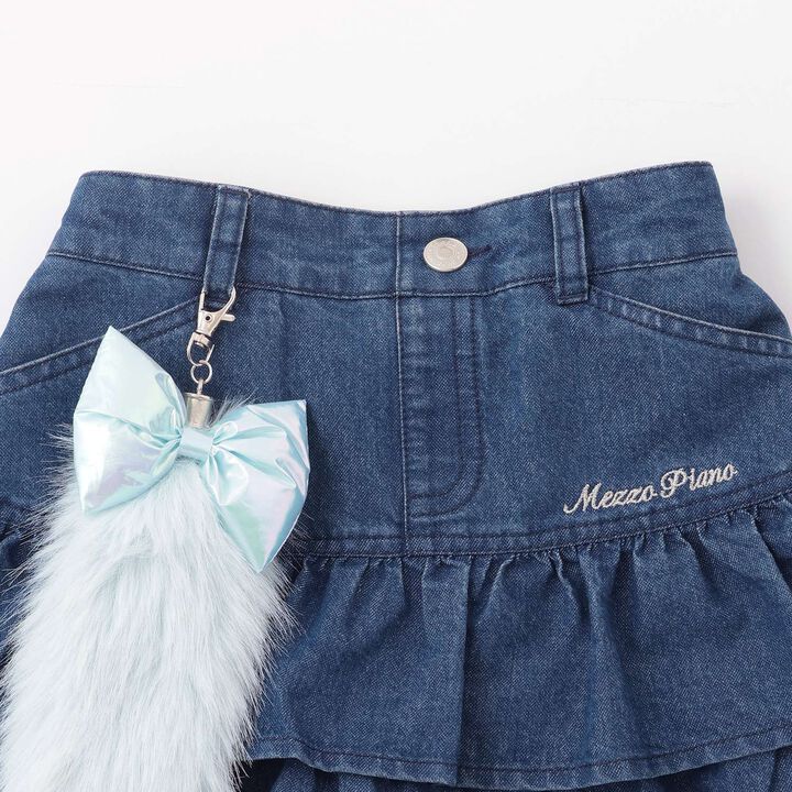 Lame Denim Tiered Skirt with Tail Charm,Navy, medium image number 2