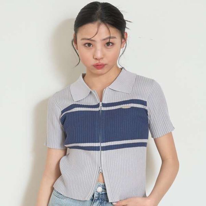 [Arael] Short-Sleeve Zip Knitwear,Navy, medium image number 15