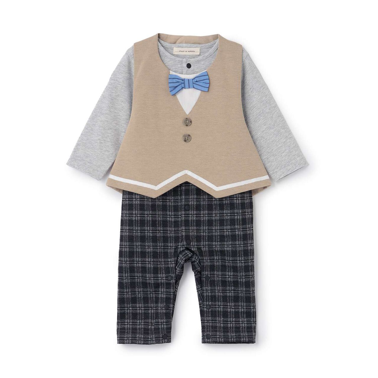Checkered Coverall with Vest-Style Apron,Beige, large image number 0