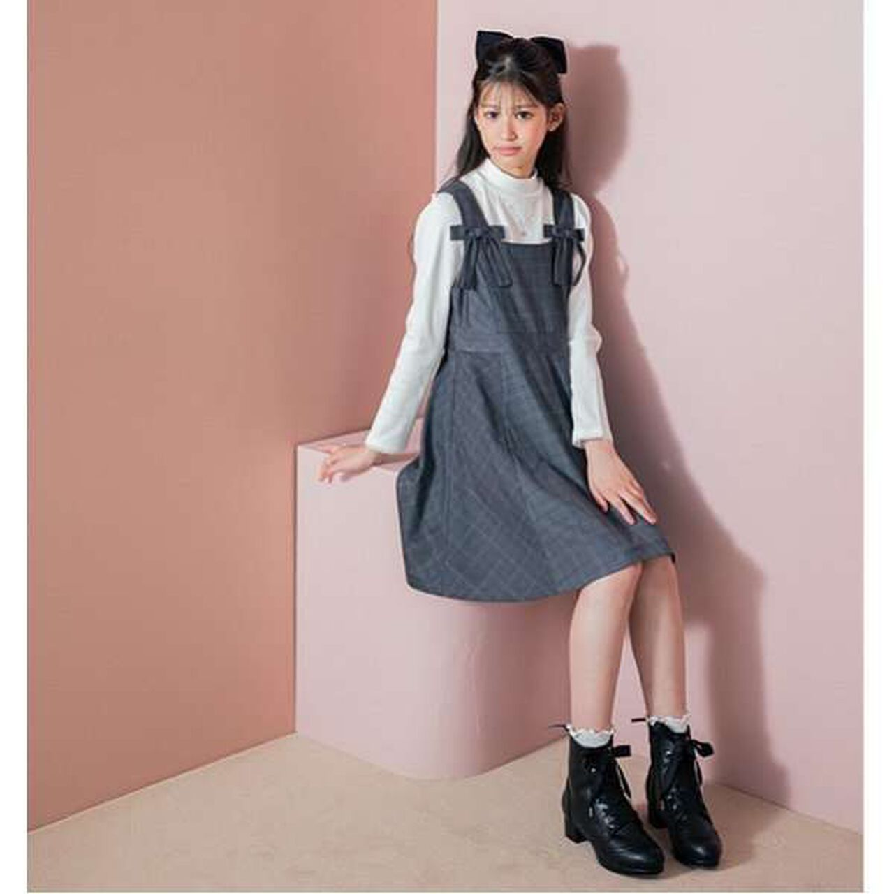 Twin Ribbon Jumper Skirt,Charcoal gray, large image number 7