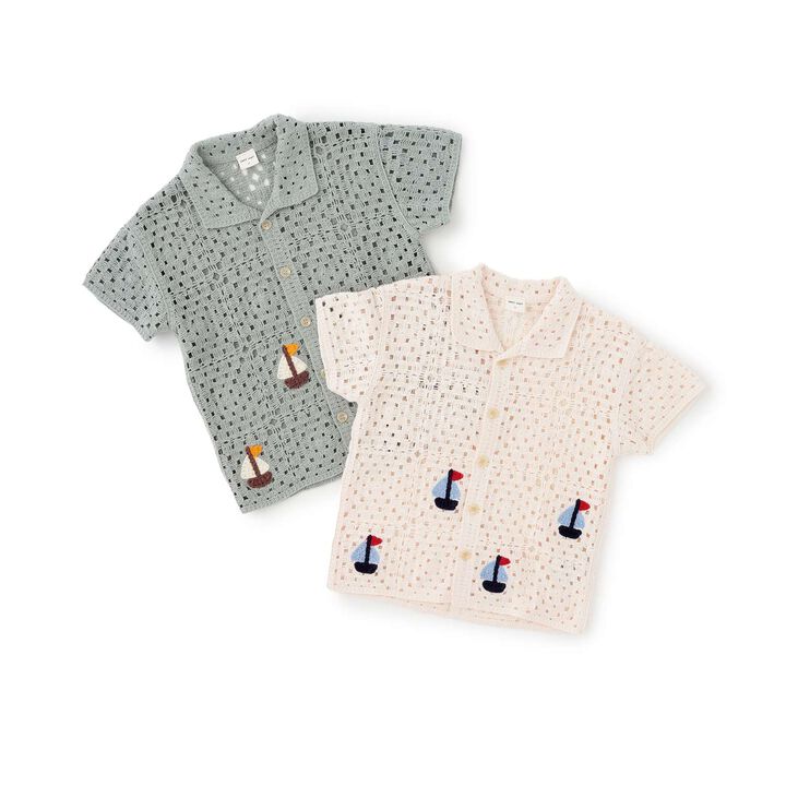 Black Crochet Open-Collar Shirt,Pearl white, medium image number 13