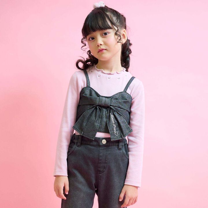 Lame Denim Ribbon Bustier & Long-Sleeve T-Shirt Set,, medium