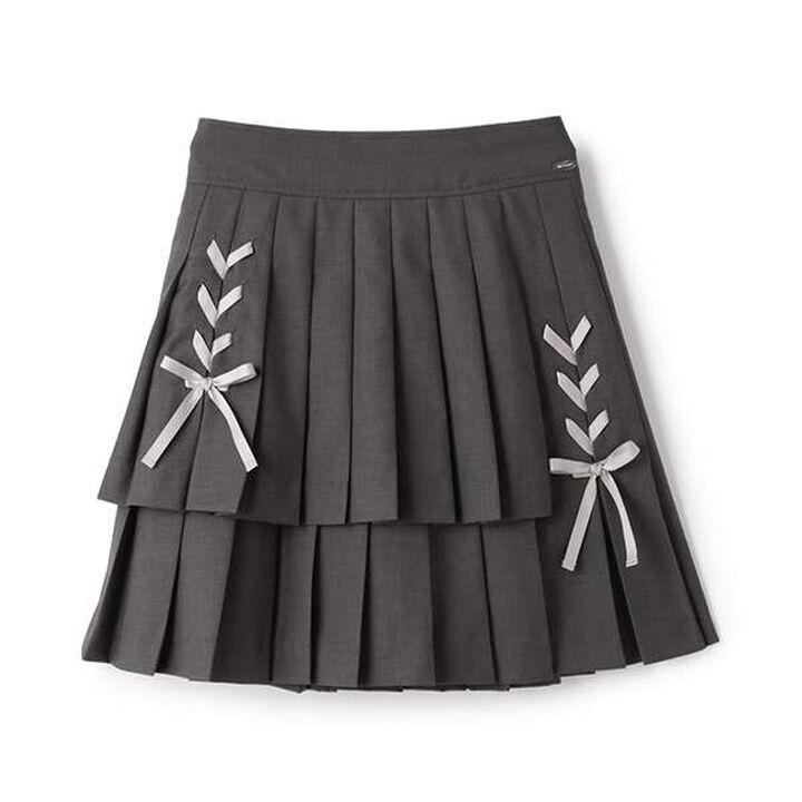 Lace-Up Ribbon Double Layer Pleated Skirt-Pants,Gray, medium image number 3
