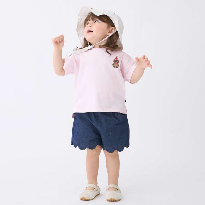 [Food Stain Resistant] Embroidered Short Sleeve T-Shirt,Coral red, medium image number 4