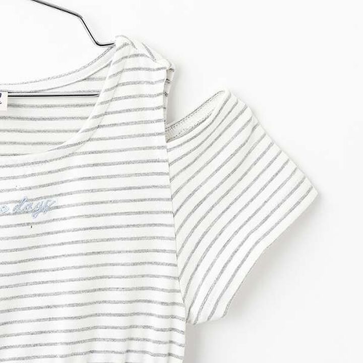 Stripe Pattern Docking Short-Sleeve One-Piece Dress,Off white, medium image number 5