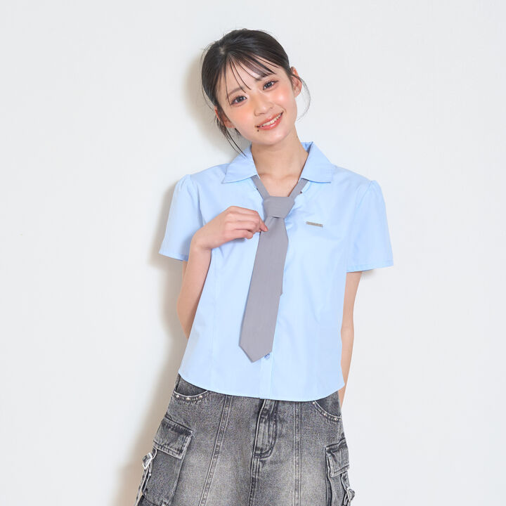 [LTXC] Stylish Short-Sleeve Shirt with Trendy Tie,Off white, medium image number 8