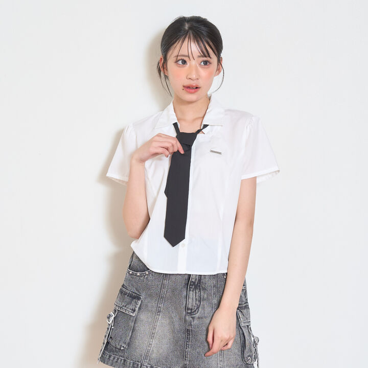 [LTXC] Stylish Short-Sleeve Shirt with Trendy Tie,Off white, medium image number 7