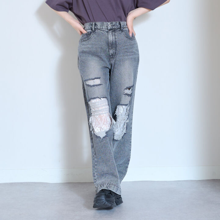 [LTXC] Lace Distressed Denim Wide Pants,Blue, medium image number 5