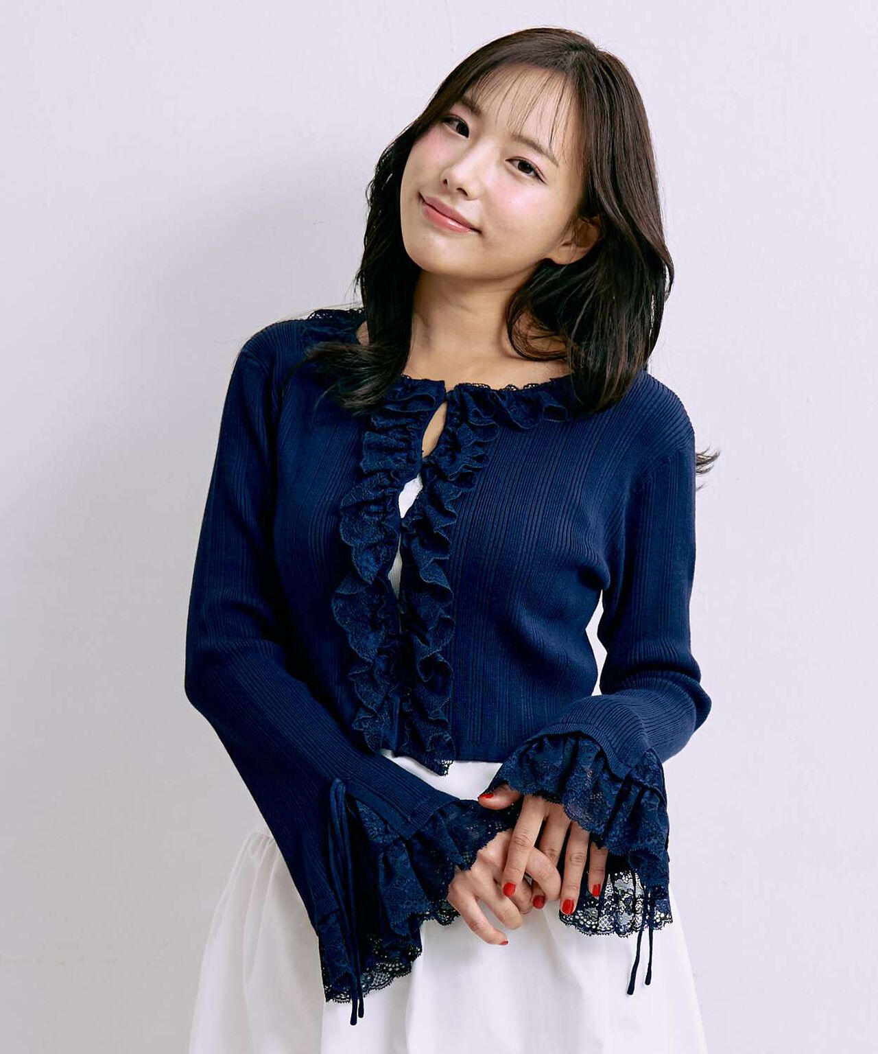 Frill Lace Knit Cardigan,Navy, large image number 0