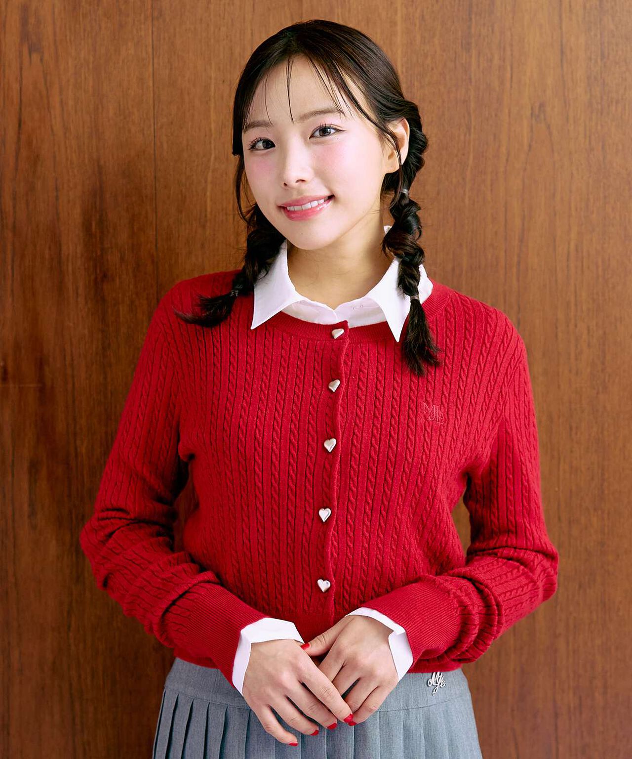 Heart Button Cable Cardigan,Red, large image number 0