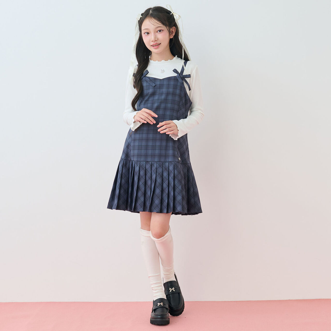 Twin Ribbon Jumper Skirt & T-Shirt Set,Brown, large image number 2