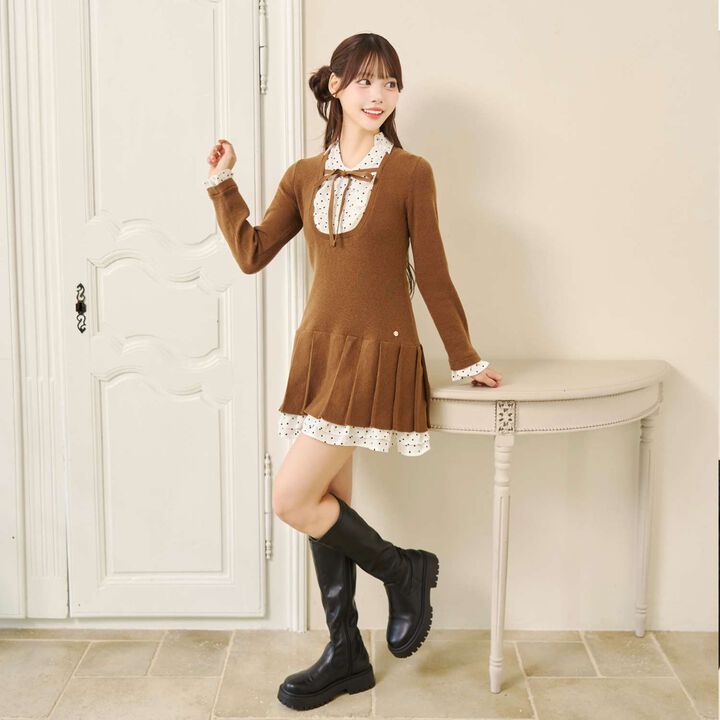 Layered Pleated Knit One-Piece Dress,, medium