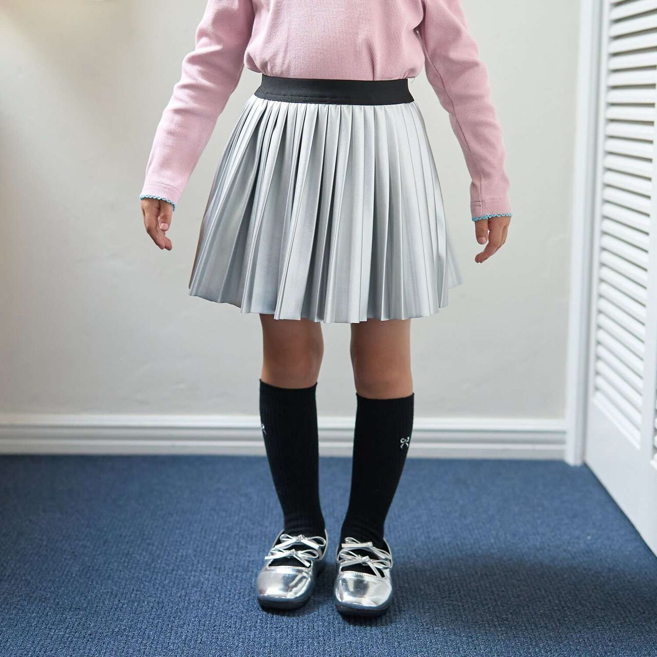 Soft Faux Leather Pleated Skirt (Inner Shorts Included),Silver, large image number 0