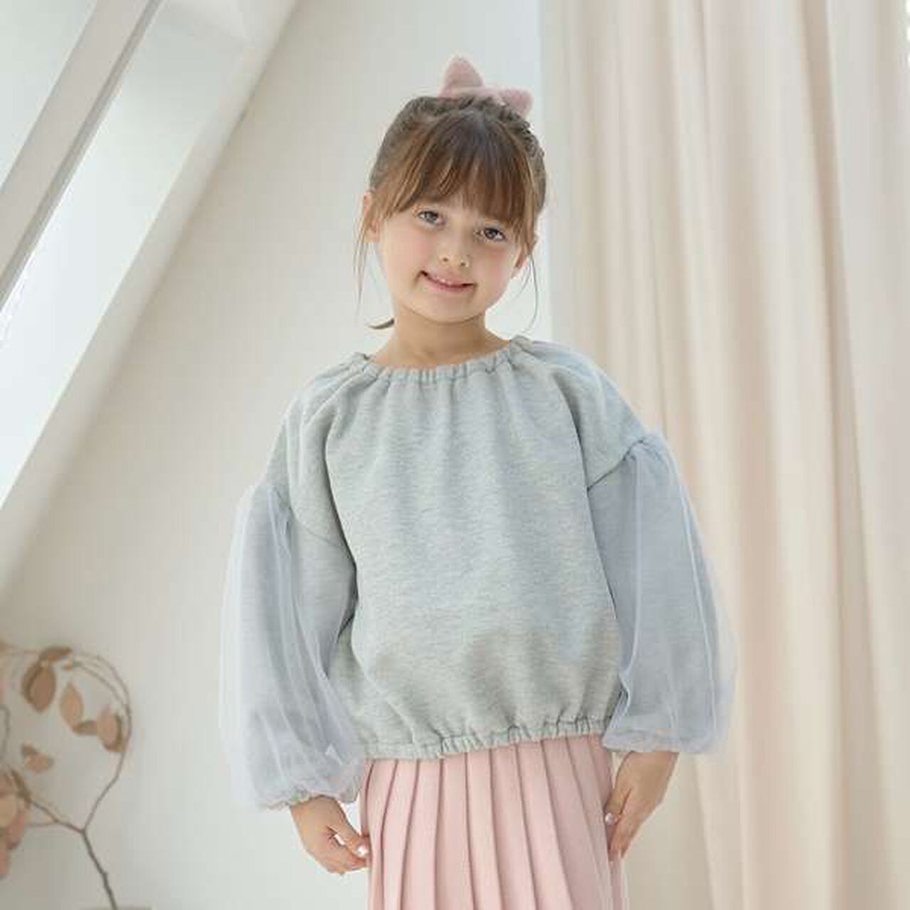 Wool Lined Tulle Sleeve Pullover,Top gray, large image number 0
