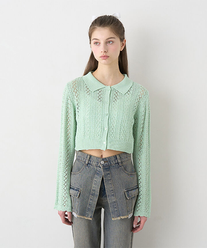 Lace Knit Polo Cardigan,Mint, medium image number 0