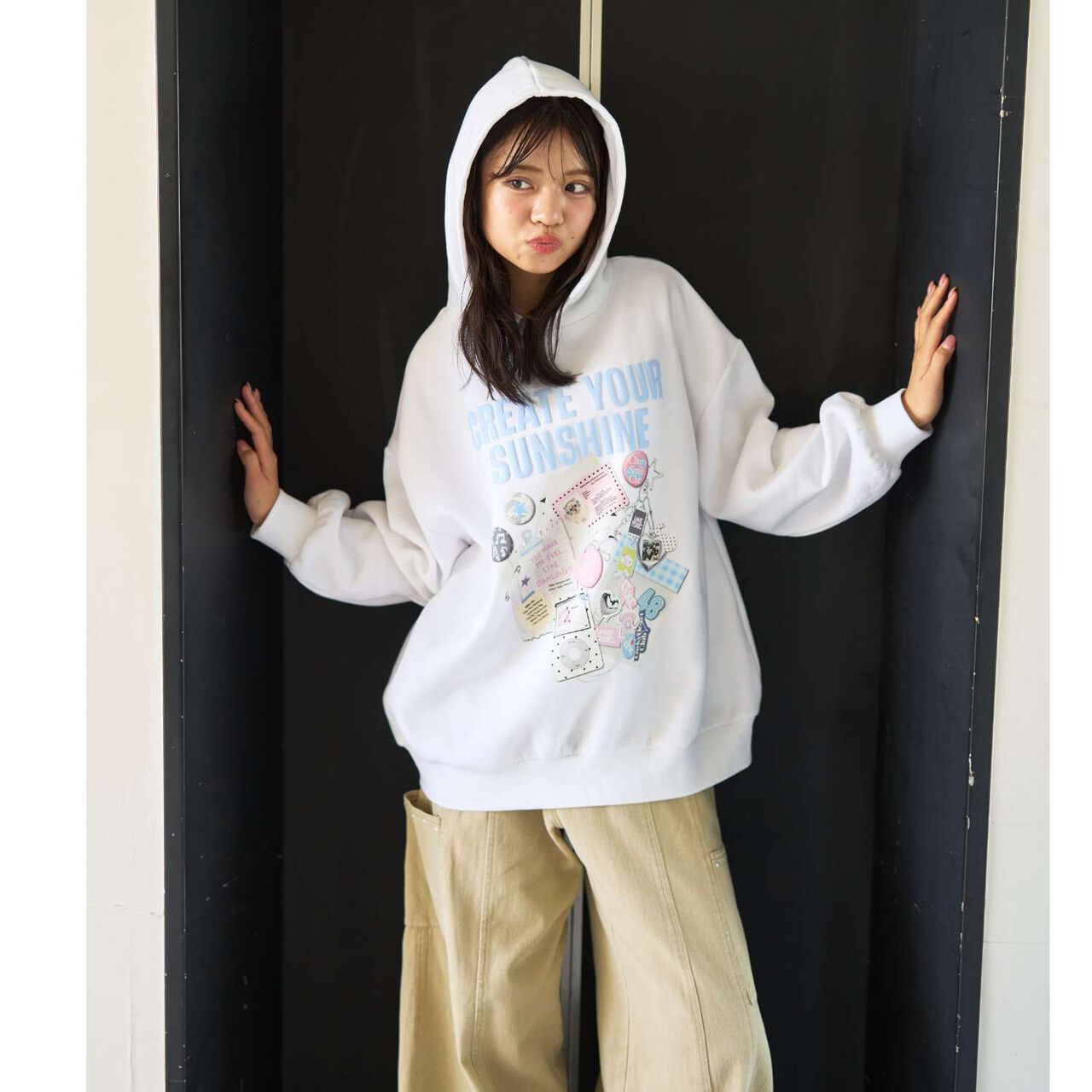 LTXC [Wool Lined] Sticker-Style Loose Fit Pullover Hoodie,Off white, large image number 2