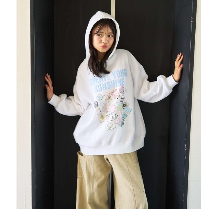 LTXC [Wool Lined] Sticker-Style Loose Fit Pullover Hoodie,Off white, medium image number 2