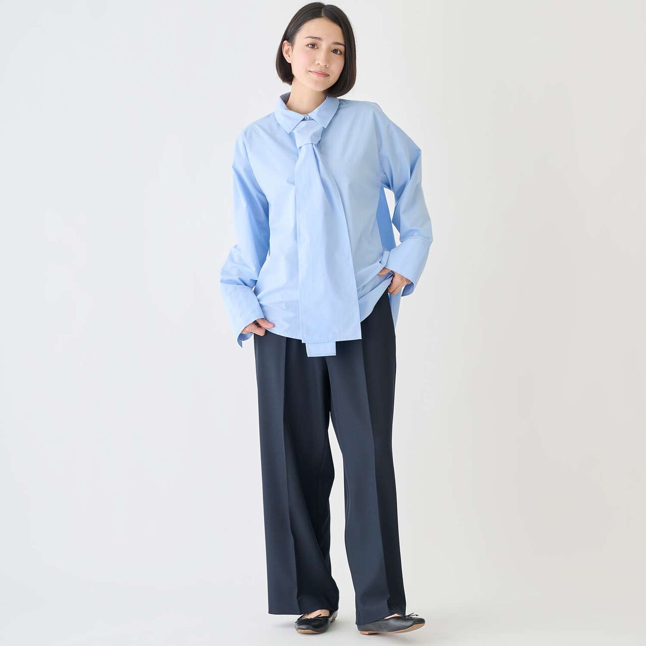 [Formal] Blouse with Tie,Blue, large image number 4