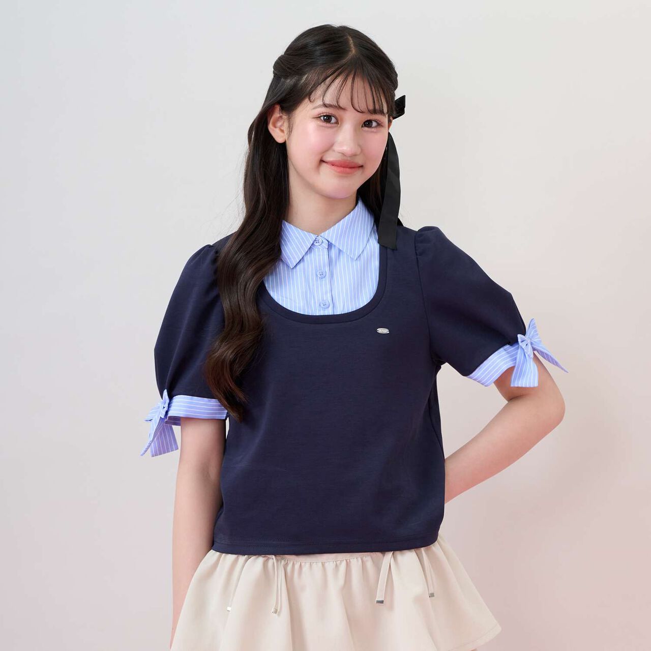 Sleeve Ribbon Fabric Docking T-Shirt,Navy, large image number 0