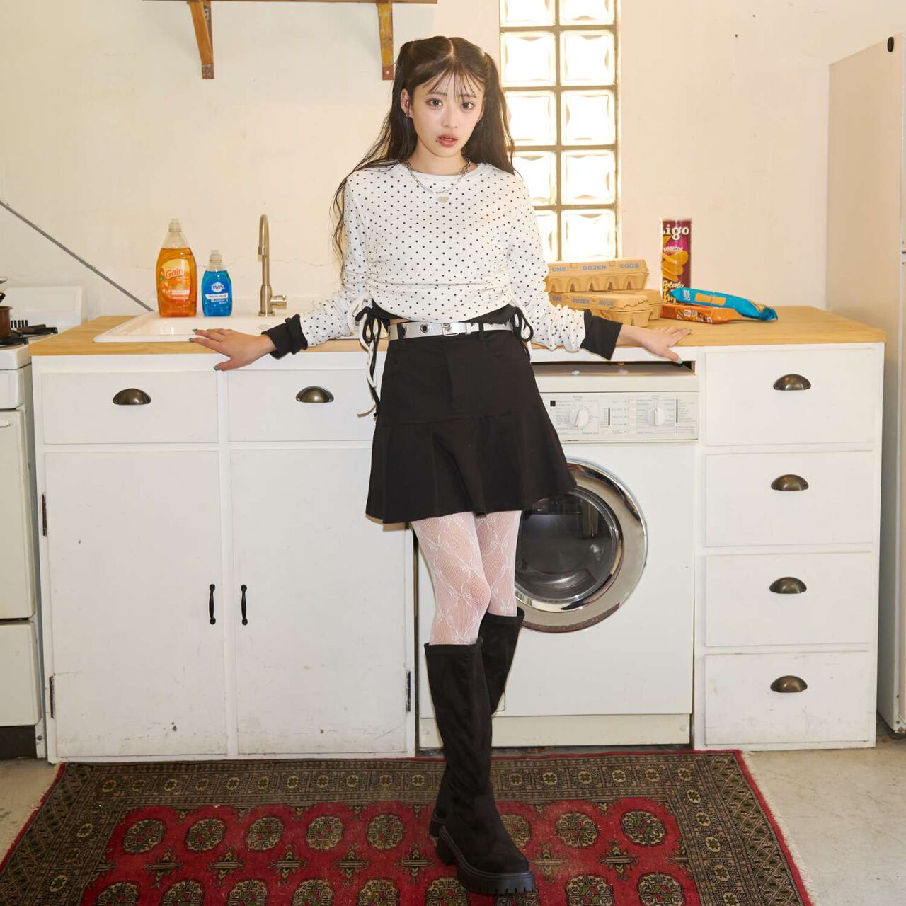 [Stretch] Denim-Look Cut Pleated Skirt,Blue, large image number 1
