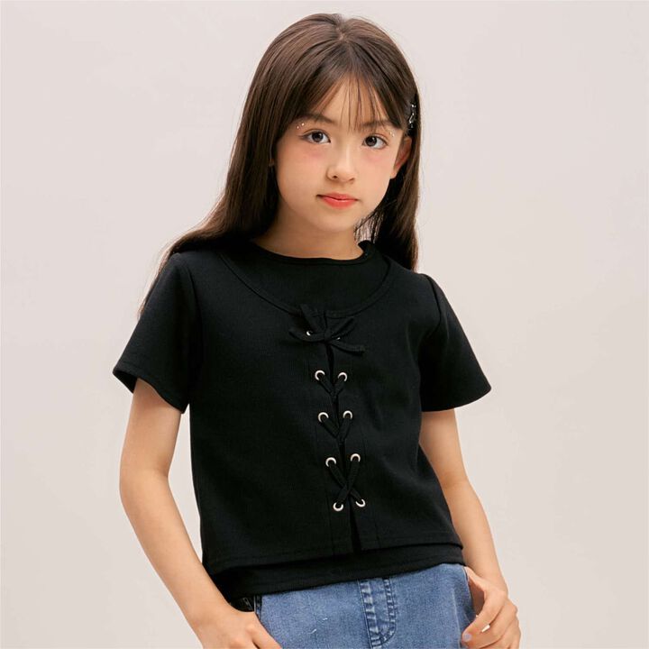 [Quick-Dry Absorbent] [Sarasara Plus] Ribbed Lace-Up Short Sleeve T-Shirt,, medium