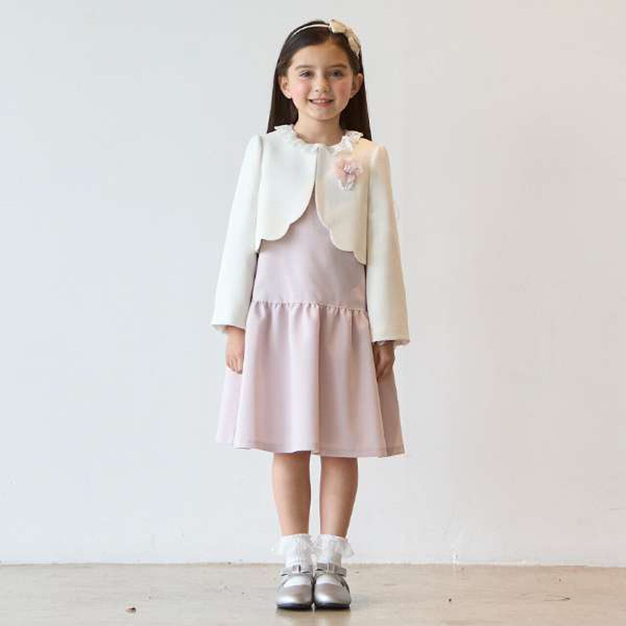 Long-Sleeve OP + Scallop Trim Jacket Set,Beige, large image number 0