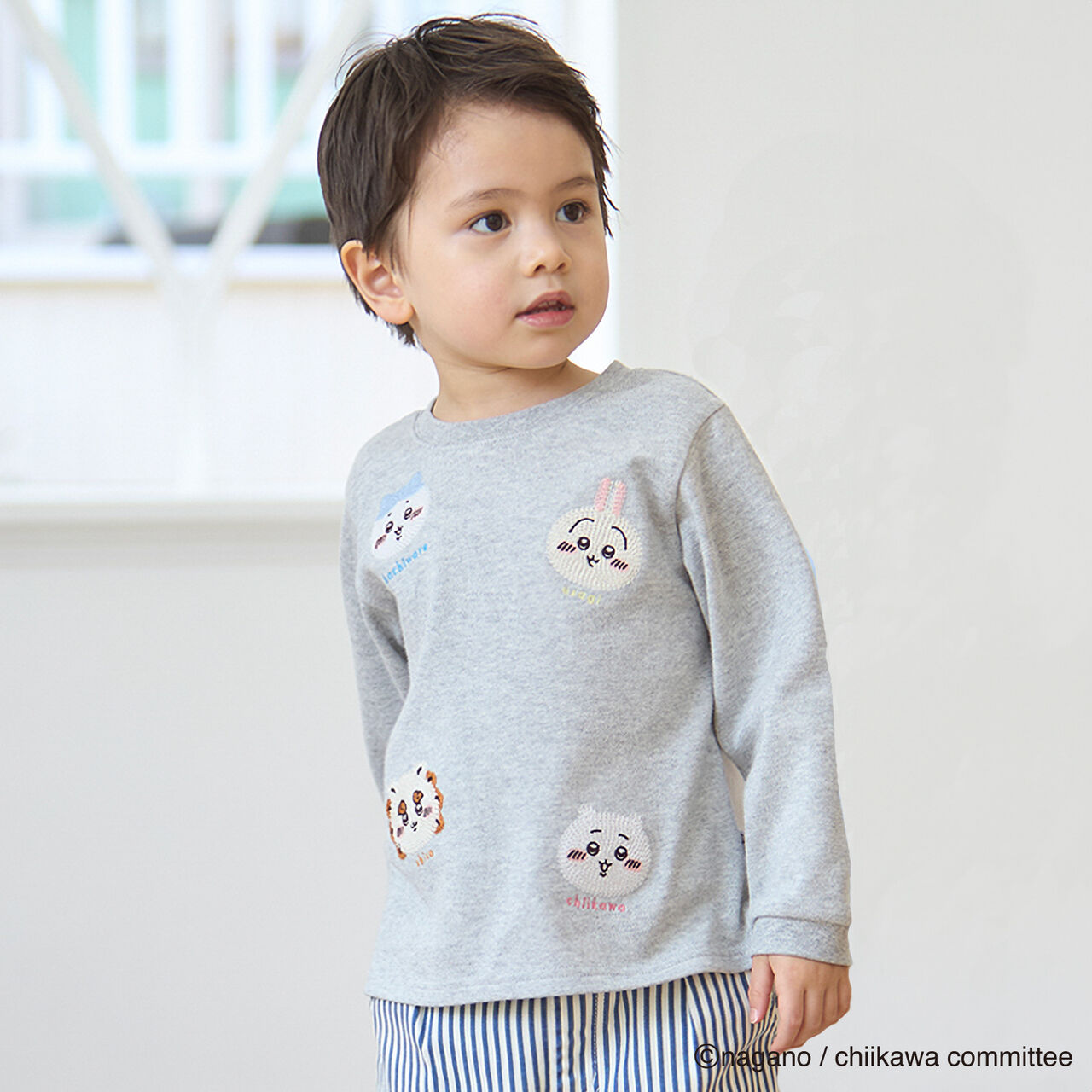 Chikawa Face Motif Long-Sleeve T-Shirt,Top gray, large image number 0