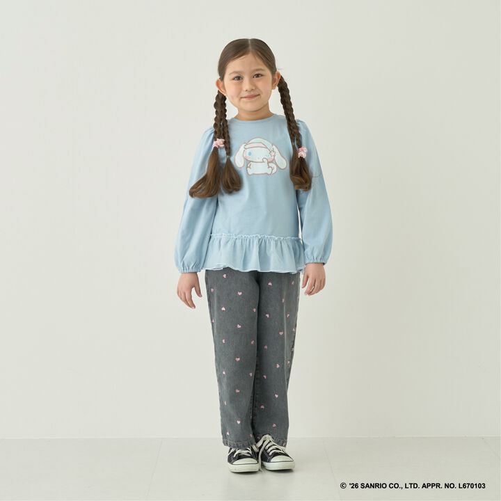 [Soft Denim] Heart Embroidered All-Over Pattern Barrel-Leg Pants for Girls [Kids],Blue, medium image number 7