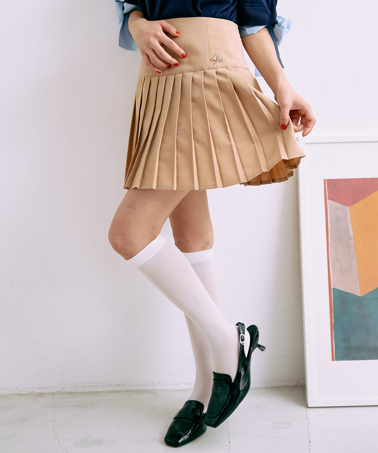 Logo Plate Pleated Skirt [Korean Fashion],Gray, large image number 3