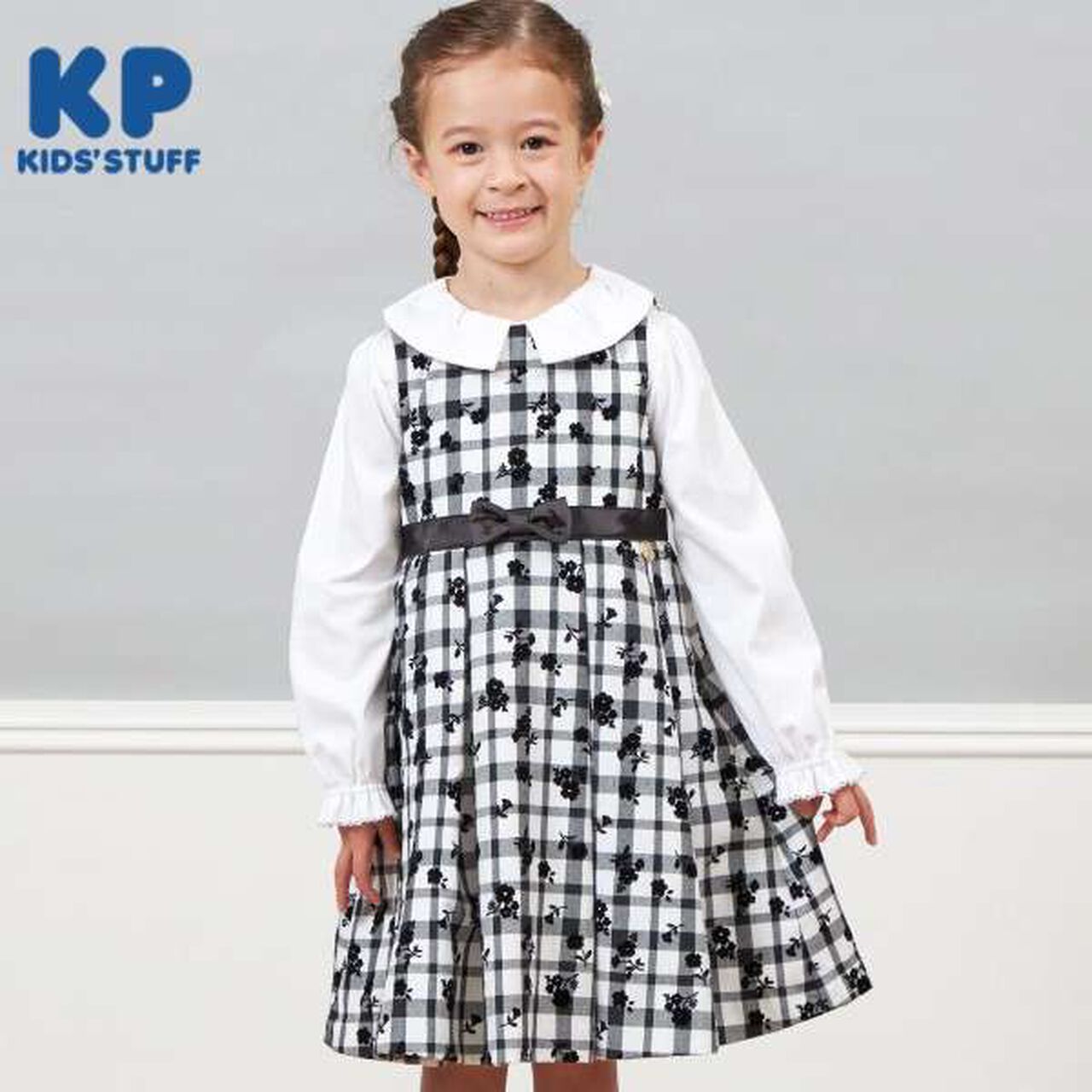 KP Check ON Flower Print Jumper Skirt (110-130),Black, large image number 0