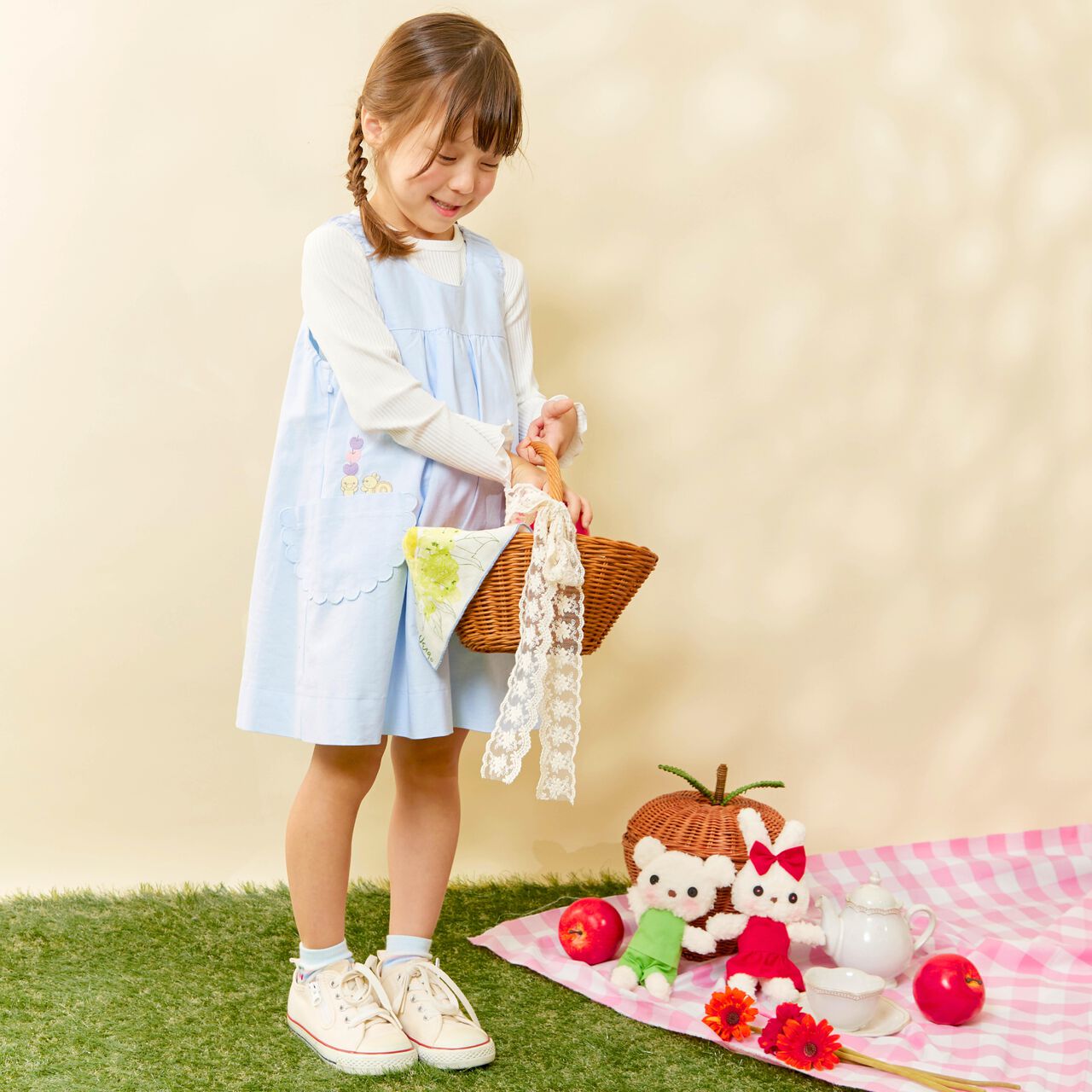 All-Over Pattern Lawn &times; Chambray Reversible Jumper Skirt,Blue, large image number 28