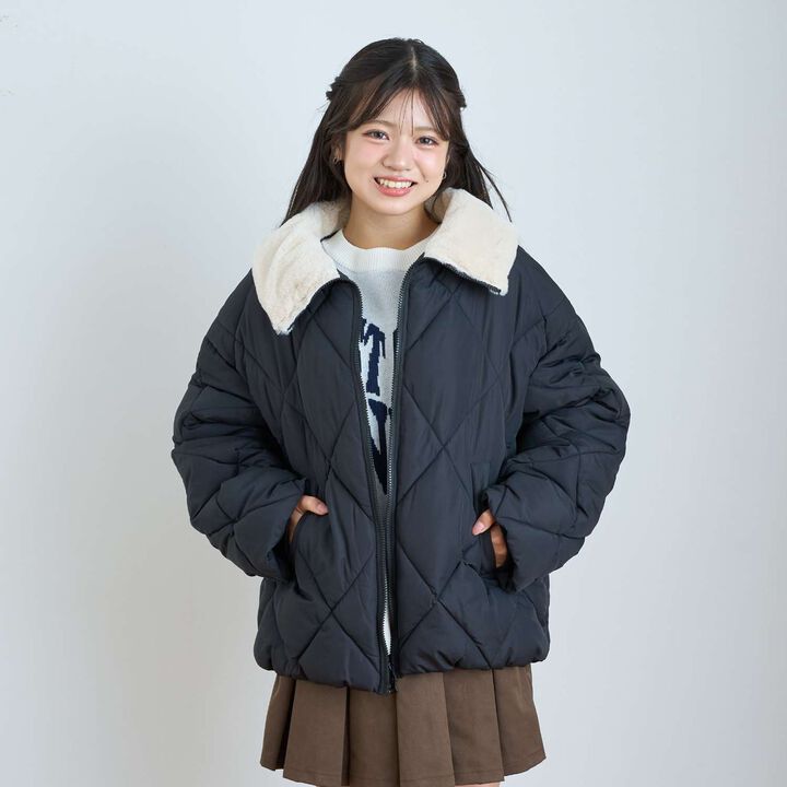 Double Zipper Puffy Quilted Bomber Jacket,Black, medium image number 4