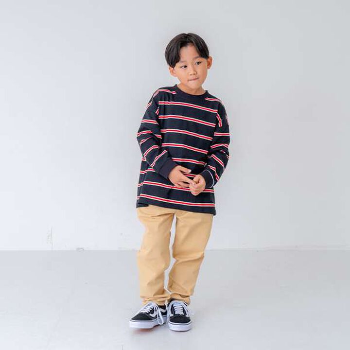 Multi Stripe Pattern Ribbed Sleeve Big Long T-Shirt,Beige, medium image number 19