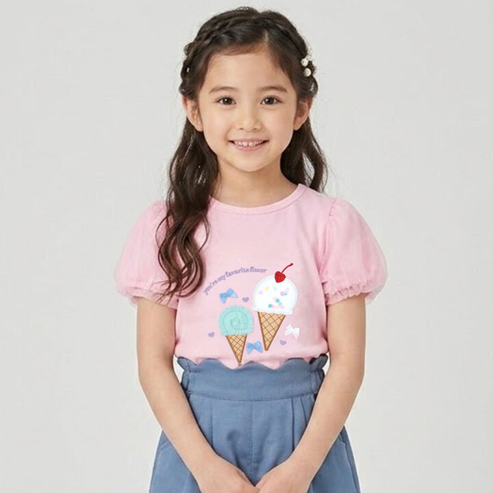 Tulle Sleeve Ice Cream Motif T-Shirt,, medium