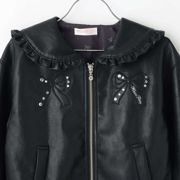 Denim & Faux Leather Sailor Collar Bomber Jacket,Sax blue, medium image number 8