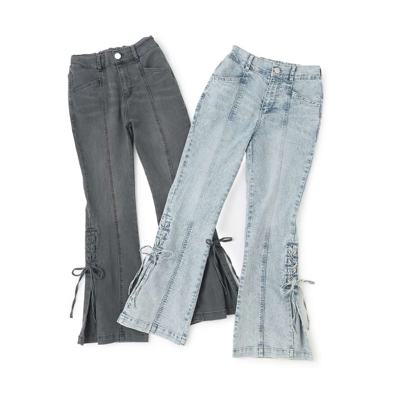 Lace-Up Ribbon Flare Denim Pants,Gray, large image number 5