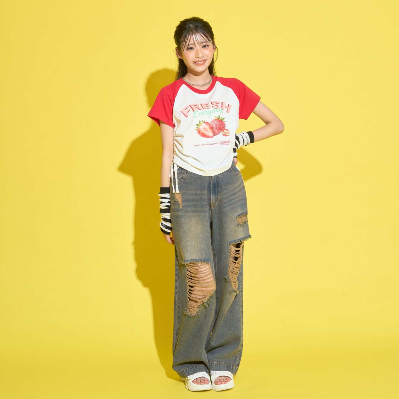 [GOKUGOKU] Multi-Function Shirred Crop Raglan Short-Sleeve T-Shirt,Orange, large image number 6