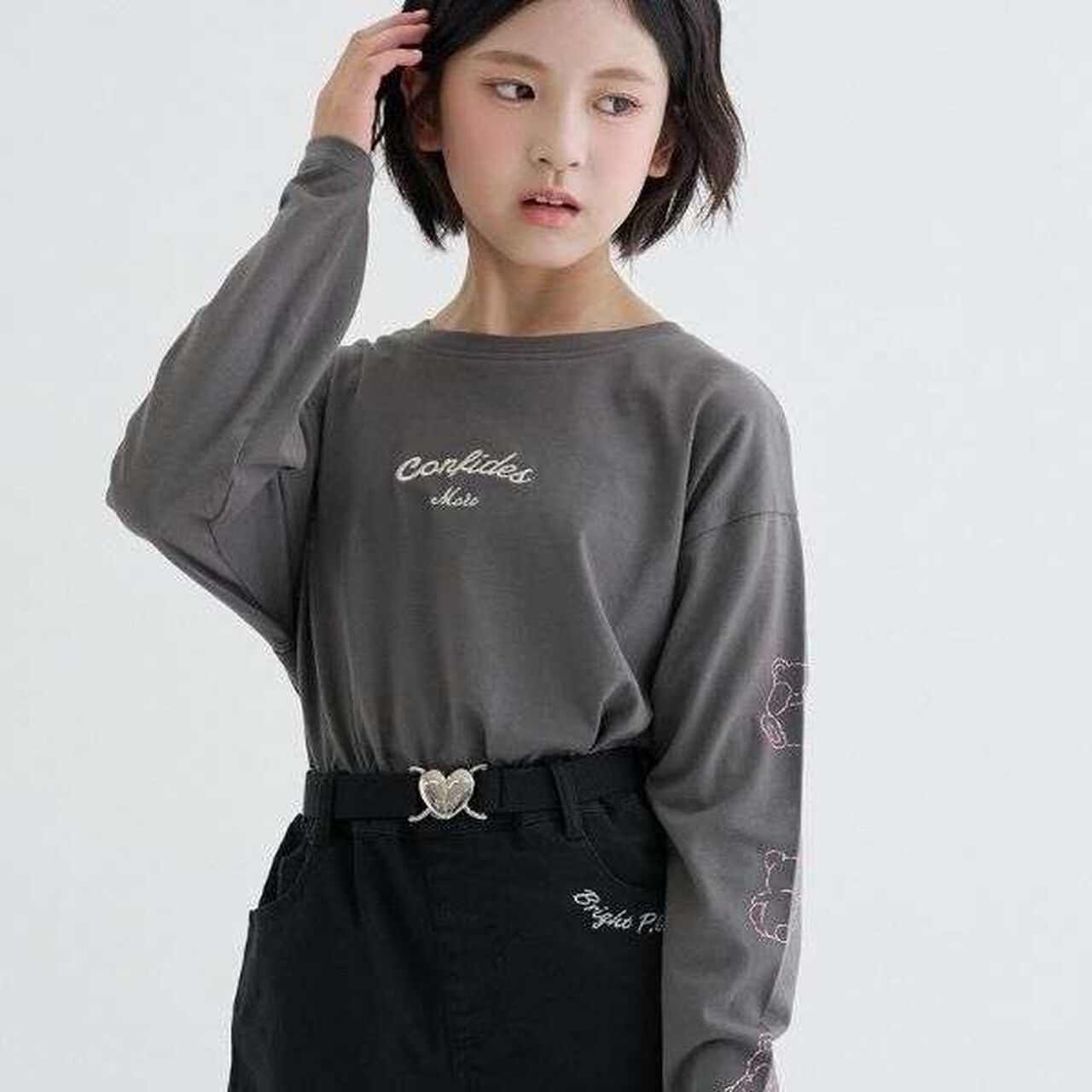 [100% Cotton] Bear Sleeve Long Sleeve T-Shirt,Charcoal gray, large image number 0