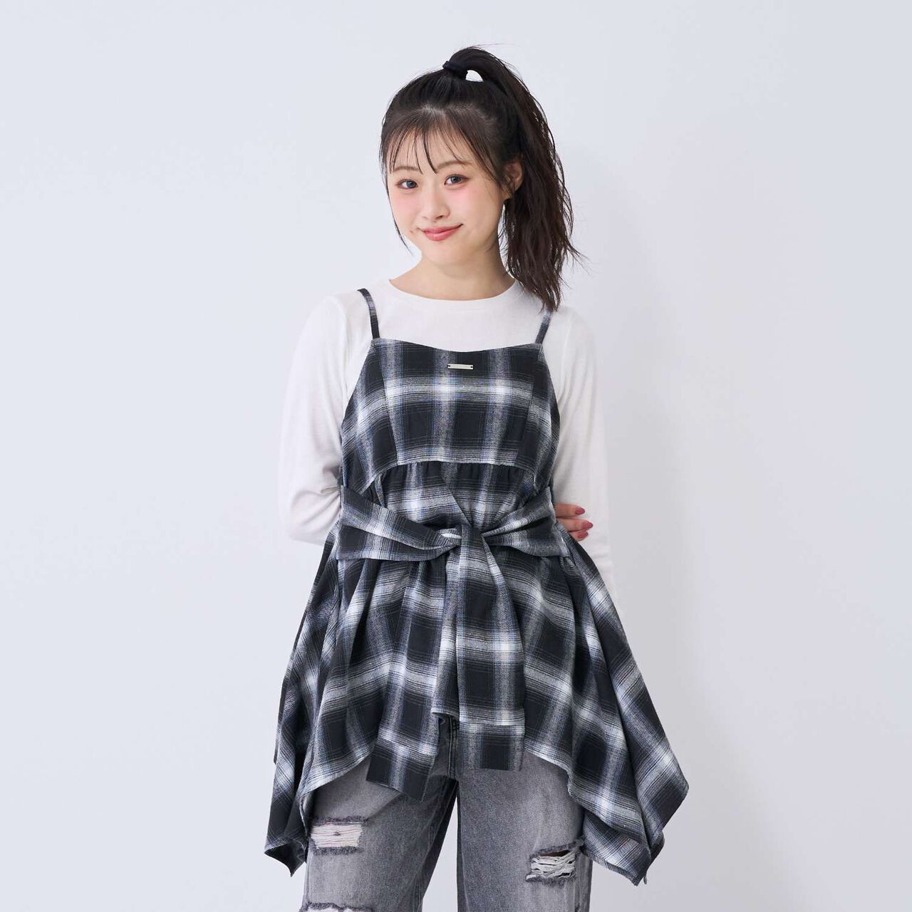 [LTXC] Quick-Dry Absorbent Checkered Camisole Tunic with Inner Lining,Ivory, large image number 5