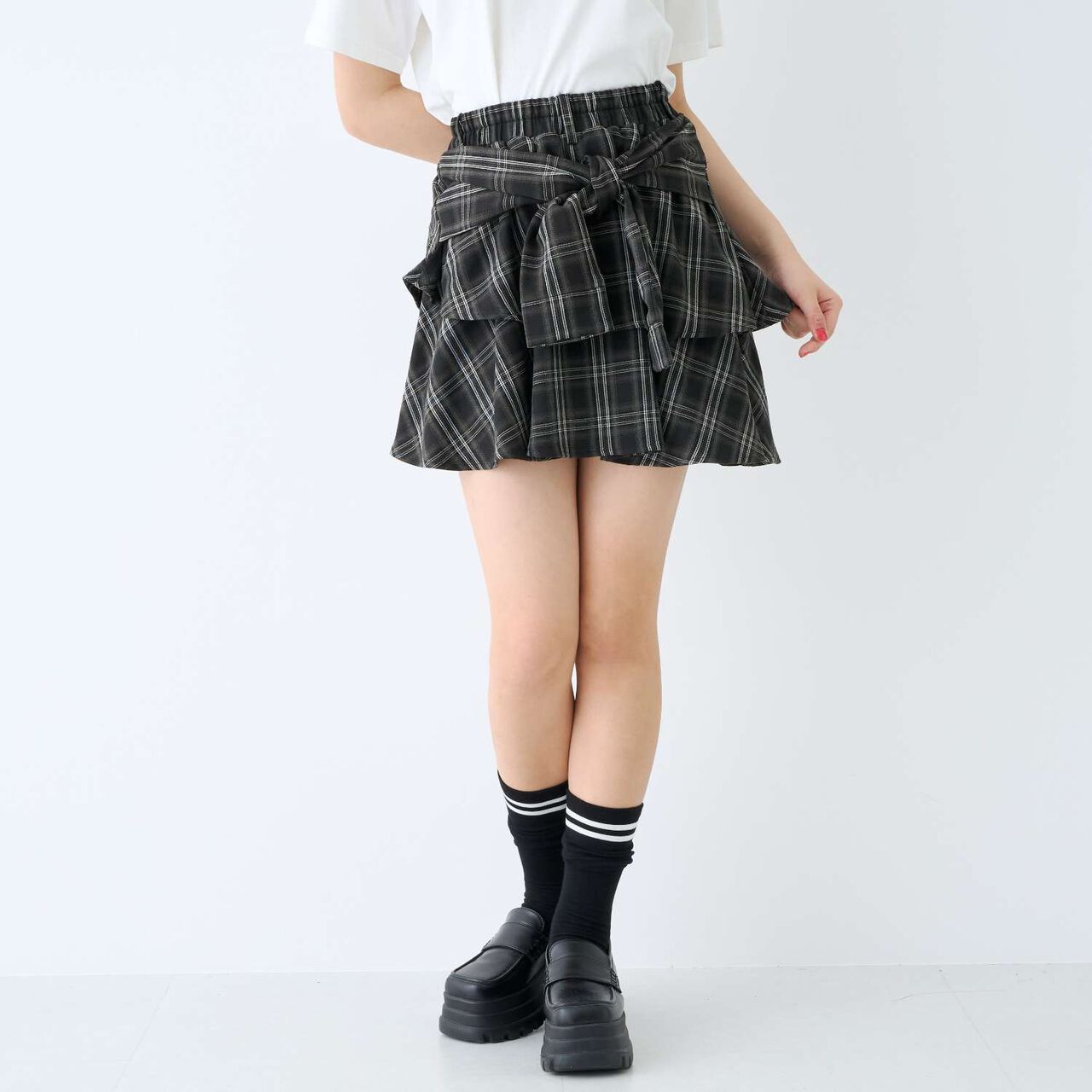 [LTXC] Checkered Wrap-Around Hem Culottes,Black, large image number 0