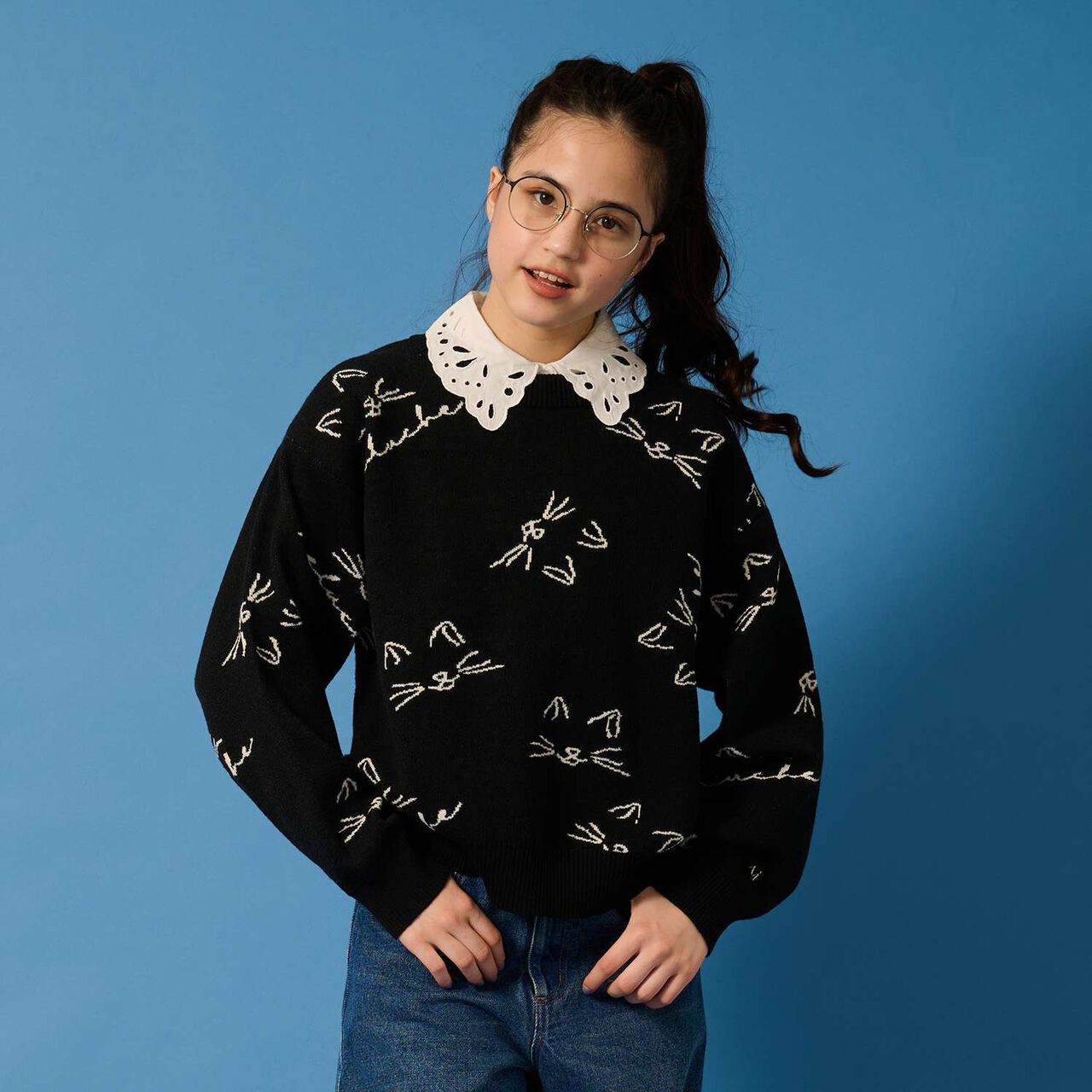 [AMI] Cat All-Over Pattern Jacquard Collared Knitwear,Black, large image number 0