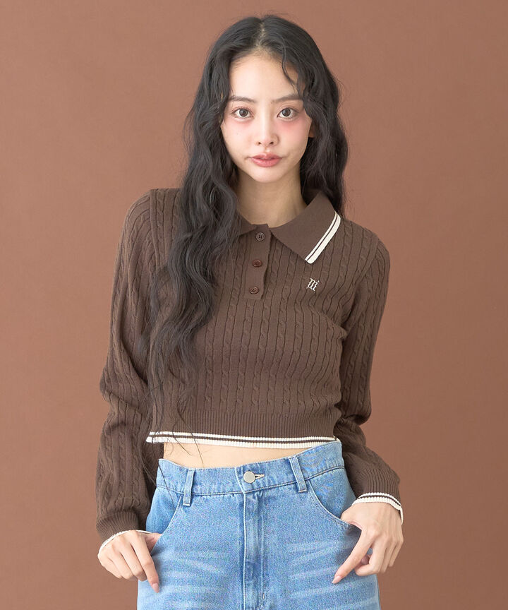 Compact Polo Knitwear [Korean Fashion],Brown, medium image number 0