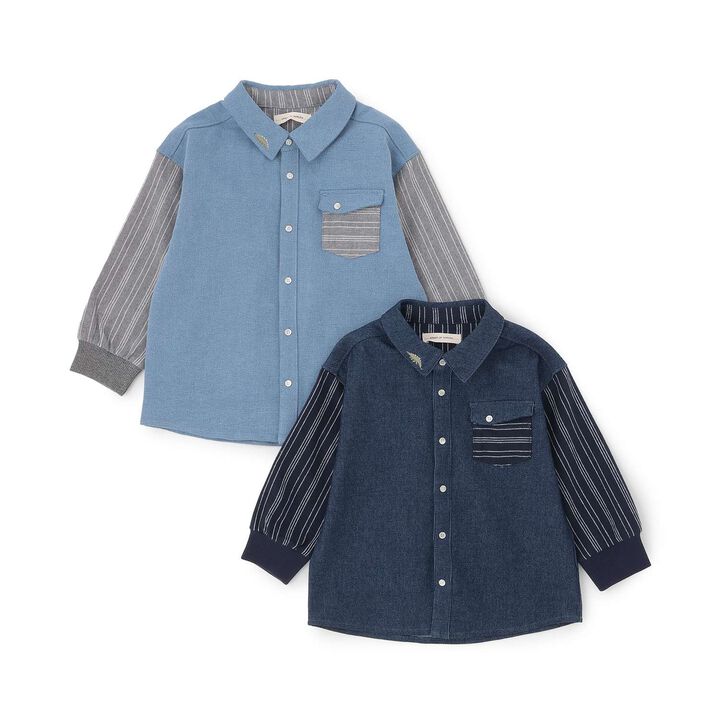 Striped Sleeve Denim Shirt,Navy, medium image number 9