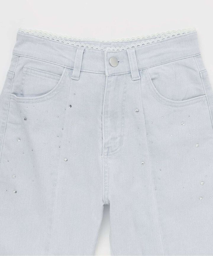 Back Ribbon Stone Flare Denim Pants,Light blue, medium image number 7