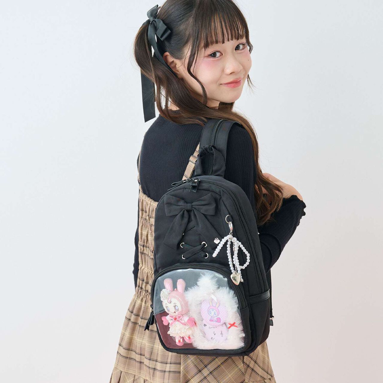 Lace-Up Ribbon Sling Bag,Black, large image number 2
