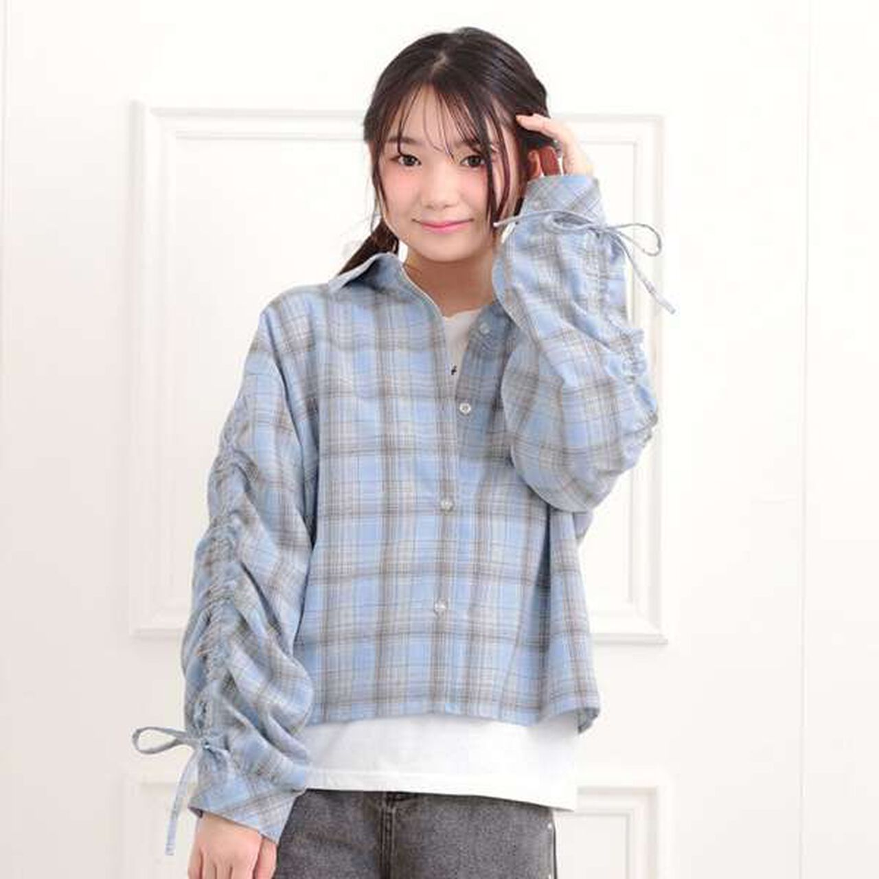 [Set Item] Brushed Checkered Shirt + Long Sleeve T-Shirt,Sax blue, large image number 0